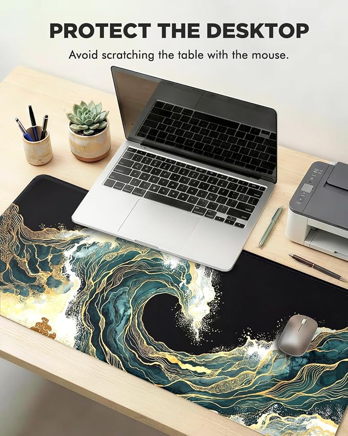 Mouse Pad, Desk Mat, 31.5x11.8in Large Mousepad, Blue Gold Waves | Desk Pad with Stitched Edge & Rubber Non-Slip Bottom, Gaming Mouse Pad, Extended Mousepad for Home, Office