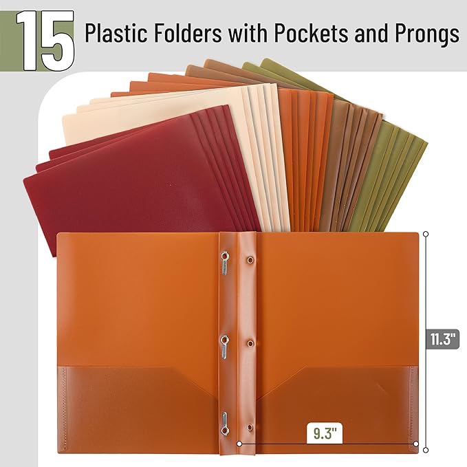 Mr. Pen- Plastic Folders with Pockets and Prongs, 15 Pack, Letter Size, Flexible Plastic Folders with Prongs