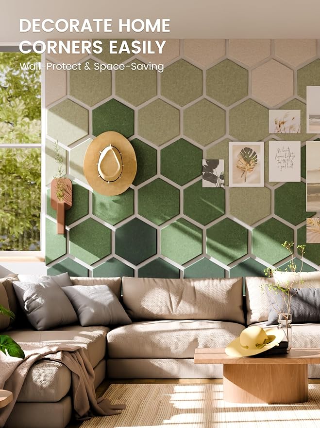 Fluxynara 15-Pack Hexagon Felt Bulletin Board Tiles, Sagewood | Cork Board Alternative with 70 Adhesive Tabs for Vision Boards and Wall Decor in Homes, Offices, Classrooms, and Dorms