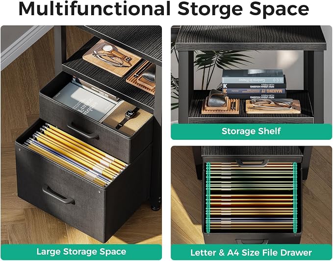 Coleshome 55 Inch L Shaped Office Desk with 6 Drawers, Power Outlet, Black | 5 Fabric Drawers, File Drawer, USB and Type-C Ports, Open Storage Shelf, Reversible Layout for Home Office