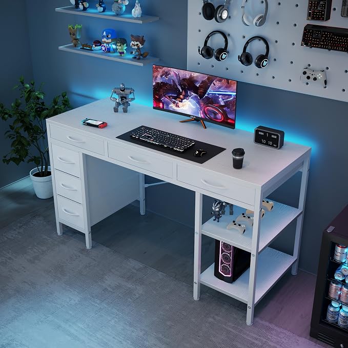 OLIXIS 55 Inch Computer Desk with 6 Fabric Drawers, for Home Office Work | 6 Fabric Drawers & Reversible Gaming Desk, Office Workstation, Corner Desk with Storage, Home Office,Living Room,Dorm, White