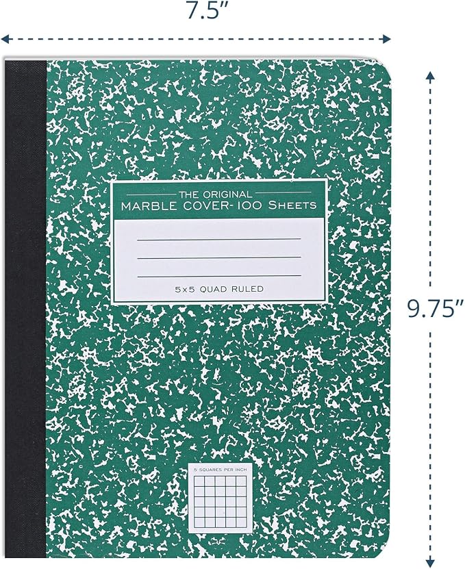 ROARING SPRING Hard Cover Composition Notebook, Green Marble Comp Book, 9.75″ x 7.5″, 5x5 Grid Graph Ruled, 100 Sheets (200 Pages)