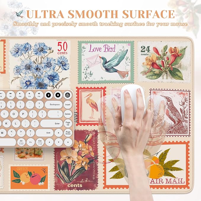 iCasso Vintage Floral Desk Mat, XXL Collage Mouse Pad,Beige | Anti-Slip Big Mousepad with Stitched Edges for Aesthetic Office Decor,Cute Desk Decor Accessories