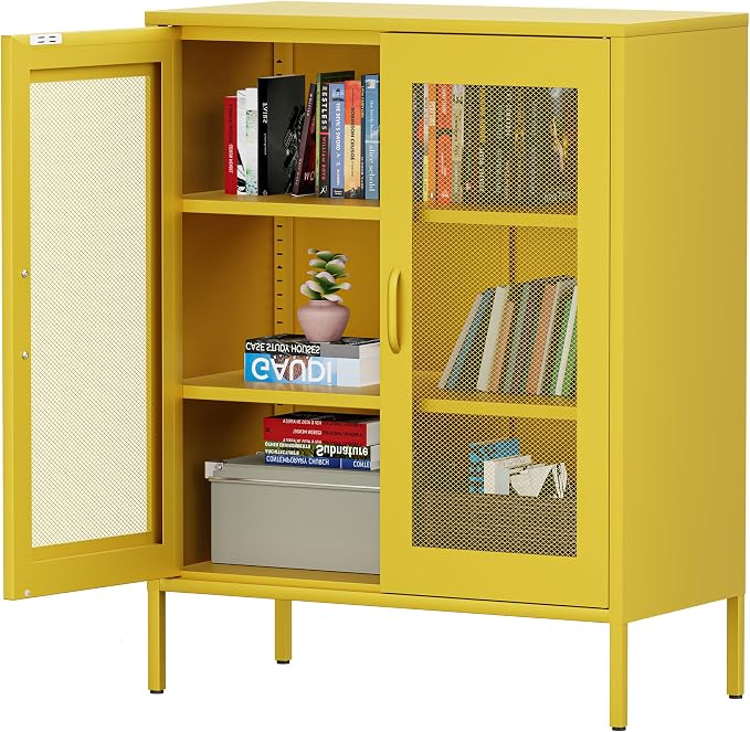 Chshin Metal Locker Storage Cabinet with 2 Mesh Doors and Adjustable Shelves,Yellow Metal Locker Cabinets,Coffee Bar Cabinet,Kitchen Pantry Storage Cabinets for Home,Sideboard,Office(40" H)
