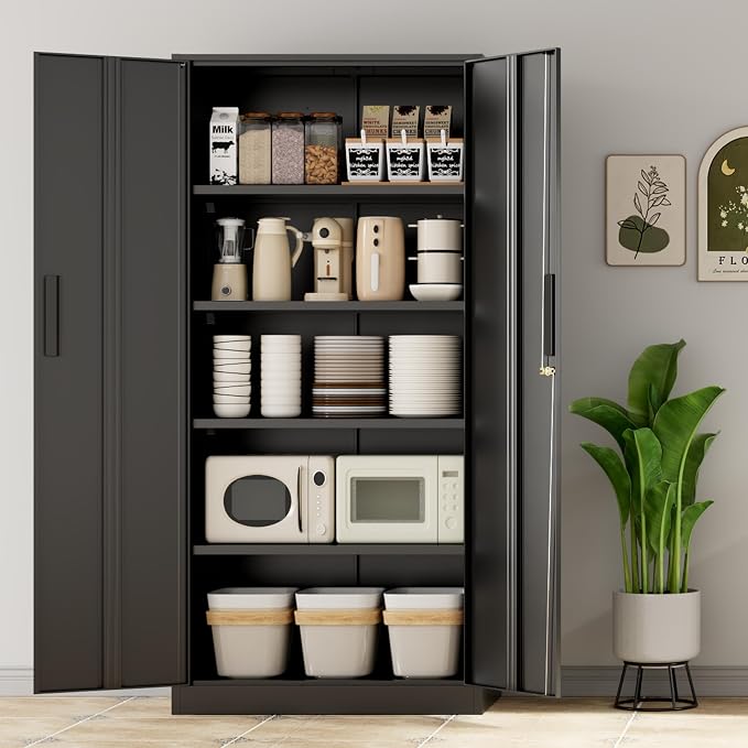 Metal Storage Cabinet with Lock, 72" H Lockable Metal Storage Cabinet with Locking Doors, Steel Storage Lockers with Adjustable Shelves for Office, Home, Garage, Gym, School (Black)