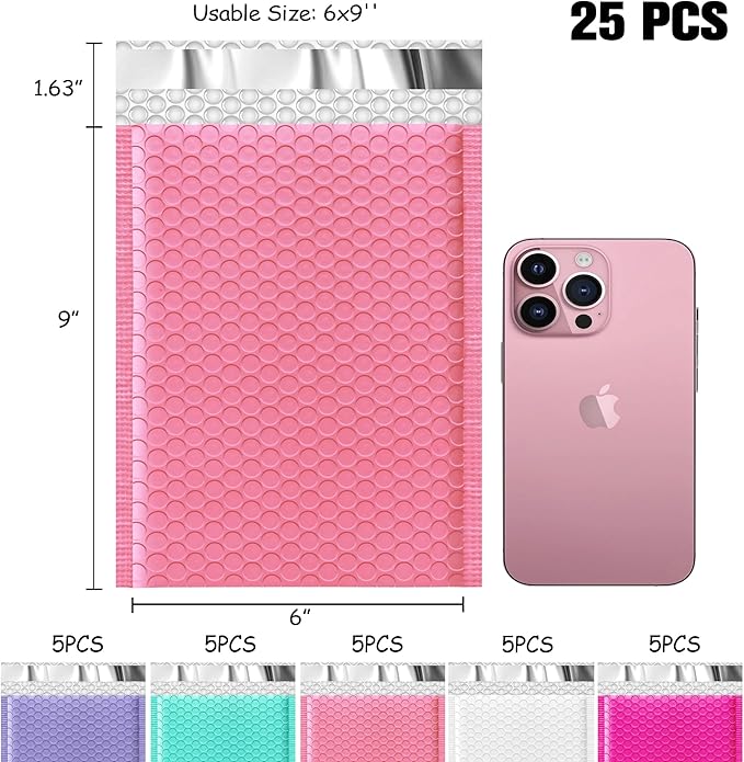 JinRuiKJ Multicolored1 Bubble Mailers 6x10" 25 Pack, Padded Envelopes, Cushioning Padded Shipping Envelopes for Jewelry, Makeup - Pink, White, Green, Purple, Rose Red