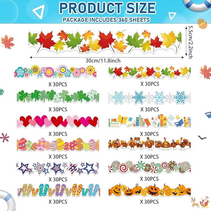 Geyee 360 Pcs Easter Bulletin Board Borders St. Patrick's Holiday Decorations Summer Spring Classroom Borders Bulletin Board Trim for Classroom School, 12 Design(Pretty)