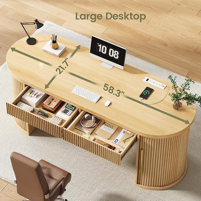 SEDETA 58.3" x 21.7" Fluted Office Executive Desk with 2 Drawers Storage | Light Oak Long Computer Desk with 2 Sliding Doors Shelves and Power Strip, Wood Curve Desk for Work, Writing, Study