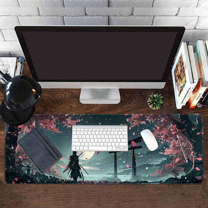 Long Gaming Mouse Pad Extended Anime Large Desk Pad with Non-Slip Base Full Keyboard Mat with Stitched Edges for Gaming and Office 31.5 x 11.8 inches (Samurai)