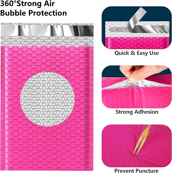 JinRuiKJ Bubble Mailers 4x8" 50 Pack, Padded Envelopes, Strong Adhesion Padded Mailers, Cushioning Padded Shipping Envelopes for Jewelry, Makeup - Rose Red