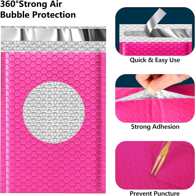 JinRuiKJ Bubble Mailers 4x8" 50 Pack, Padded Envelopes, Strong Adhesion Padded Mailers, Cushioning Padded Shipping Envelopes for Jewelry, Makeup - Rose Red