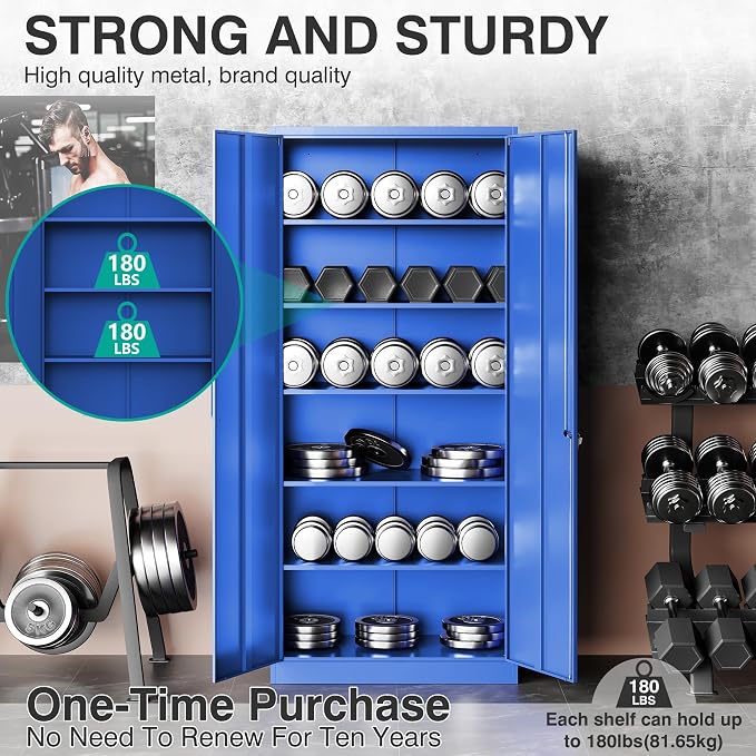 Blue Metal Storage Cabinet with 6 Shelves,71" Garage Storage Cabinet with Lock,6 Tier Steel Cabinets with Locking Doors,Lockable Cabinets for Home,Office,Shop,Garage