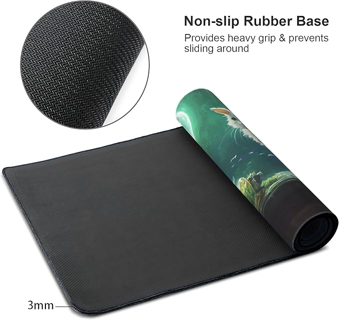 Cute Anime White Cat Gaming Mouse Pad, Forest Green Mystical Desk Mat with Anti-Slip Base & Stitched Edges, Office & Home Desk Decor for Women, 35.4" x 15.7" in Computer Desktop Mat