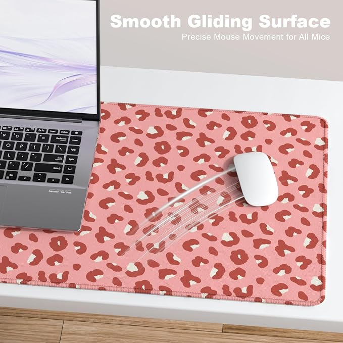 Desk Mat, Large Gaming Mouse Pad, 32" x 12", Pink Leopard | Waterproof Desk Pad, Non-Slip Rubber Base, Desktop Mat with Stitched Edges, Desk Accessories for Office, Work, Home