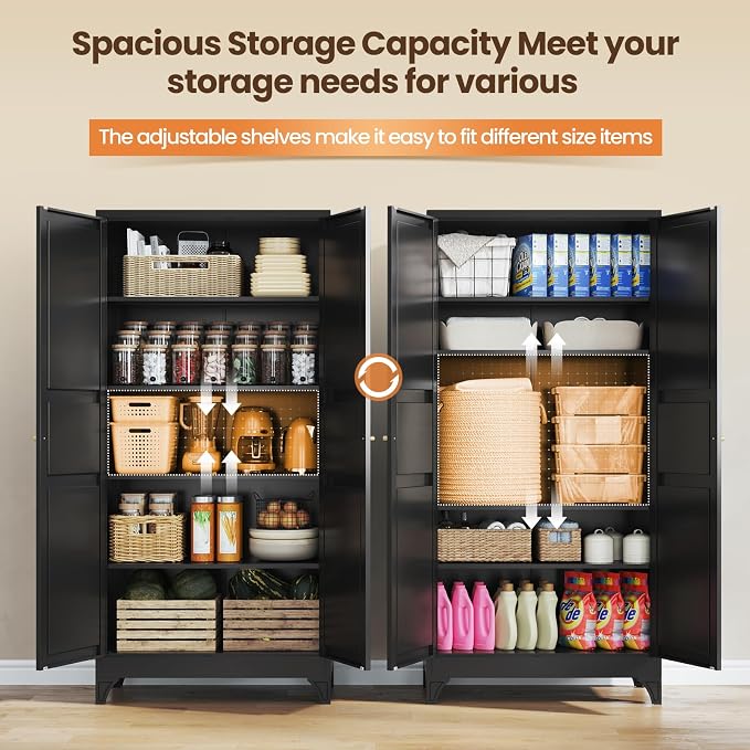 Metal Pantry Cabinet, 75" Kitchen Pantry with 2 Door and 4 Adjustable Shelves,Black Metal Pantry Storage Cabinet,Cupboard for Kitchen,Dining Room,Living Room and Bathroom