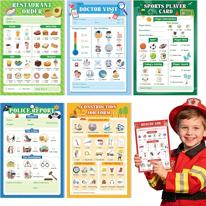 6 Pack Kids Pretend Play Notepads, 40 Pages Kids Playtime Pads, 4'' x 6'' Boys Theme Imaginative Role Play Activity Pads