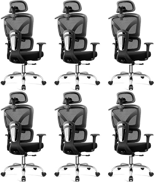 Ergonomic Office Chair, High Back Mesh Desk Chairs Comfy with Adjustable Lumbar Support, Home Computer Gaming Chair with 3D Headrest for Long Hours, 6 Pack