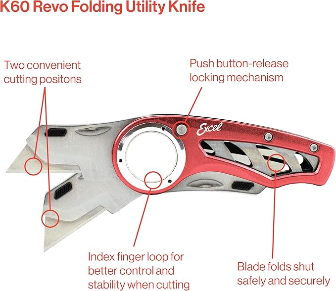 Excel Blades Revo Folding Utility Knife – Heavy-Duty Box Cutter with Aluminum Body, Quick-Change #92 Blades, 3 Lock Positions Design, Anti-Slip Finger Loop Grip, Holster Included – Red