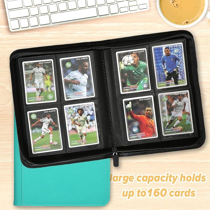 4 Pocket Ringless Side Loading Trading Card Binder, 160 Cards PU Fixed Page Zipper Card Album for TCG Sports Game Cards, Not Fit Top Loaders (Lake Blue)