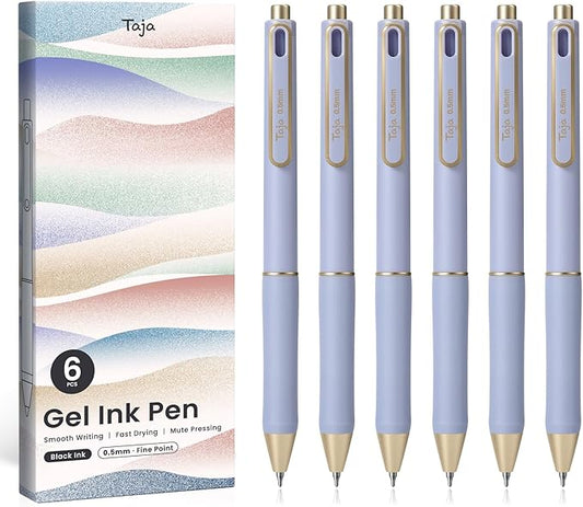 Taja Gel Pens, 6 Pcs Quick Dry Black Gel Ink Pens, 0.5mm Fine Point Smooth Writing Pens for Journaling and Note Taking, Cute Aesthetic Pens for Women & Men-Purple