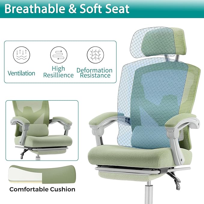 DUMOS Home Office Desk Chair with Footrest, High-Back Mesh Rolling Swivel Reclining Chairs with Wheels, Comfortable Headrest, Lumbar Support, Comfy Arms for Home, Office, Gaming, Elegant Green