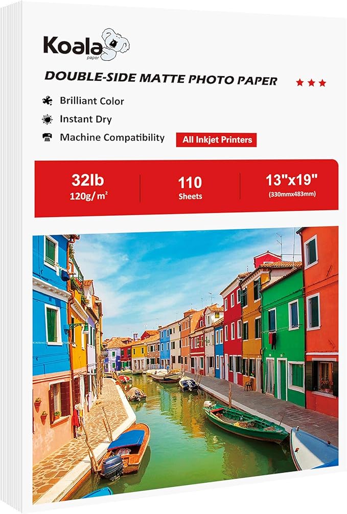 Koala Thin Presentation Paper Double-Sided Matte for Printing Photo 13X19 Inches 110 Sheets Compatible with Inkjet Printer