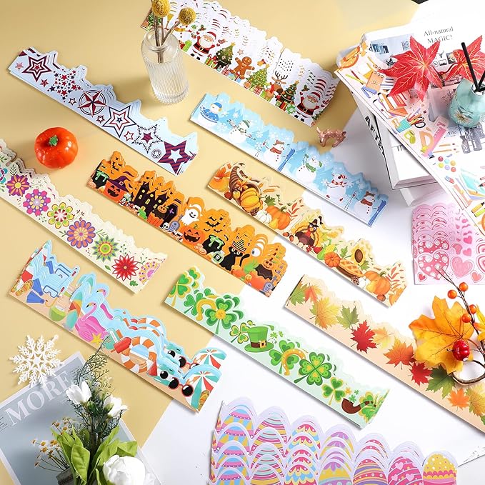 Geyee 360 Pcs Easter Bulletin Board Borders St. Patrick's Holiday Decorations Summer Spring Classroom Borders Bulletin Board Trim for Classroom School, 12 Design(Novel)