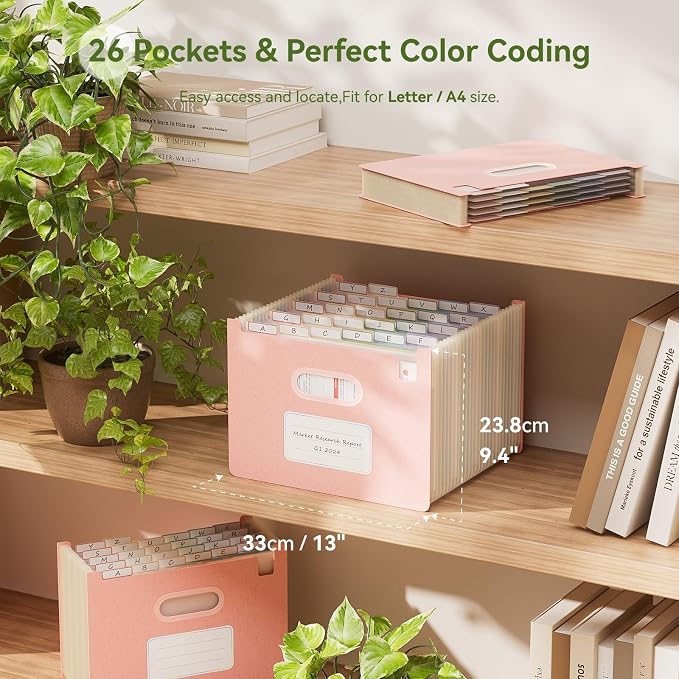 EcoStash 26 Pockets Accordion File Organizer, Upright&Open Top | Wheat Straw, 100% BPA Free, A-Z Bill Receipt Organizer, Letter/A4 Size for School Home Office Hospital - Strawberry Pink
