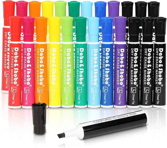 Dabo&Shobo Dry Erase Markers 24 Pack, 10 Assorted Colors With Low Odor Ink, Chisel Tip, Whiteboard Markers For Office