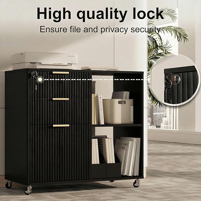 3 Drawer Fluted Mobile Filing Cabinet with Lock, Lateral Rolling Under Desk File Cabinet, Wooden Printer Stand Table for Home Office Essentials Storage Organization Furniture Letters/A4(Black)