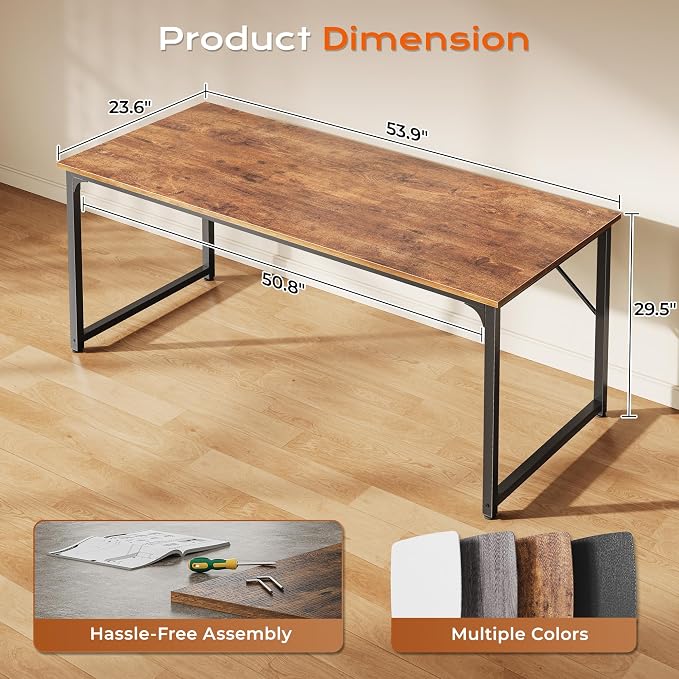 55 X 24 Inch Computer Desk with Deeper Desktop, Gaming Office Writing Work Desk for Home Office, Study, Bedroom, Work from Home, Metal Frame, Rustic Brown