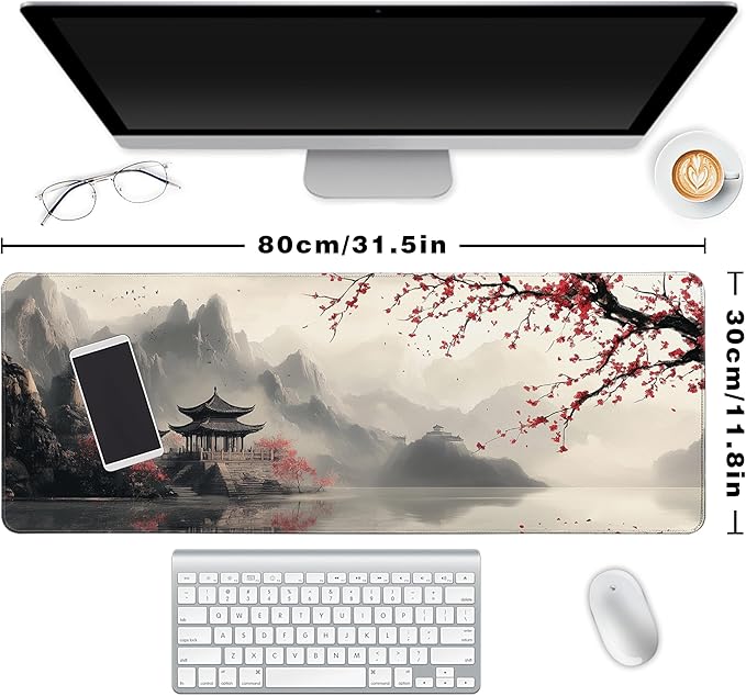 Long Gaming Mouse Pad Extended Anime Large Desk Pad with Non-Slip Base Full Keyboard Mat with Stitched Edges for Gaming and Office 31.5 x 11.8 inches (Lake Cherry Blossom)