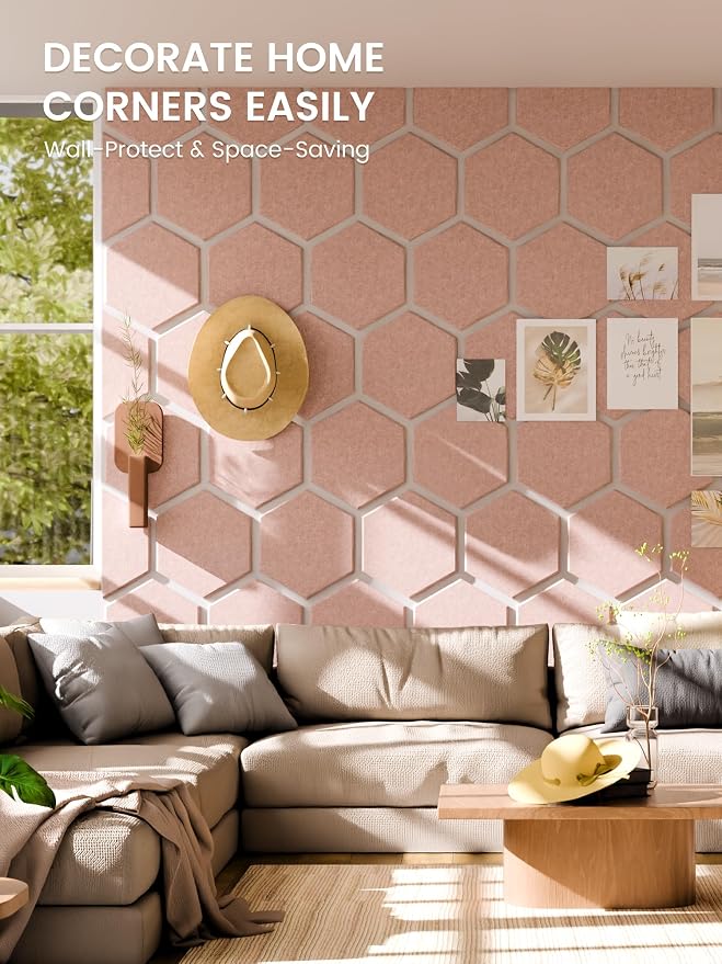 Fluxynara 12-Pack Hexagon Felt Bulletin Board Tiles, Pink-1 | Cork Board Alternative with 60 Adhesive Tabs for Notes, Photos and Reminders in Home Offices, Dorm and Classrooms
