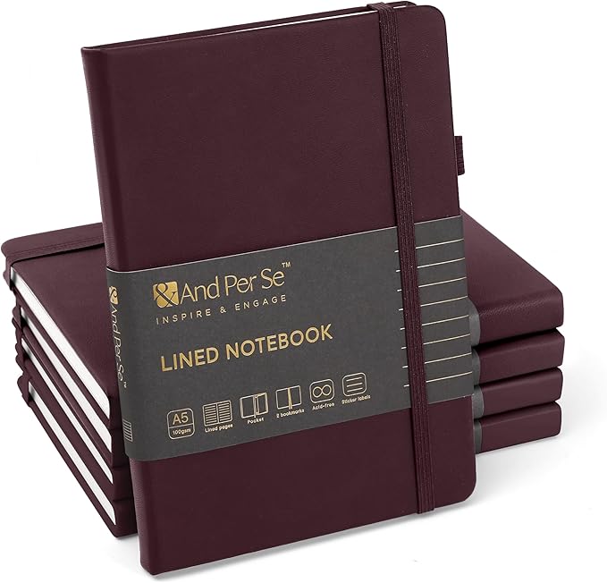 &And Per Se Lined Notebooks Bulk 5-Pack, A5 Hardcover Journal, 160 Pages 100gsm Thick Paper, Classroom Supplies for Students, Teachers, College Ruled Notebooks for School Office (Dark Red)