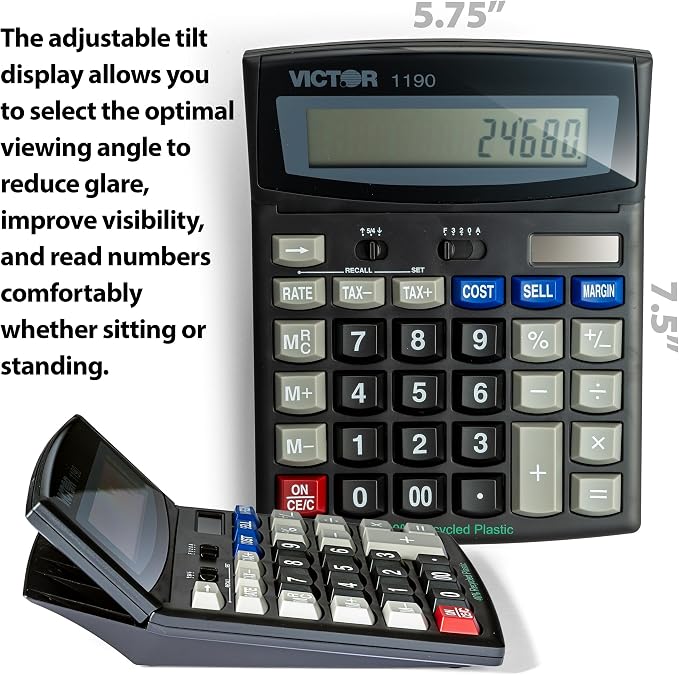 Victor 12-Digit Dual Power Desktop Calculator, Tilt LCD Display, Executive Desktop Calculator, 7.8 x 5.9-Inches, Black (1190)