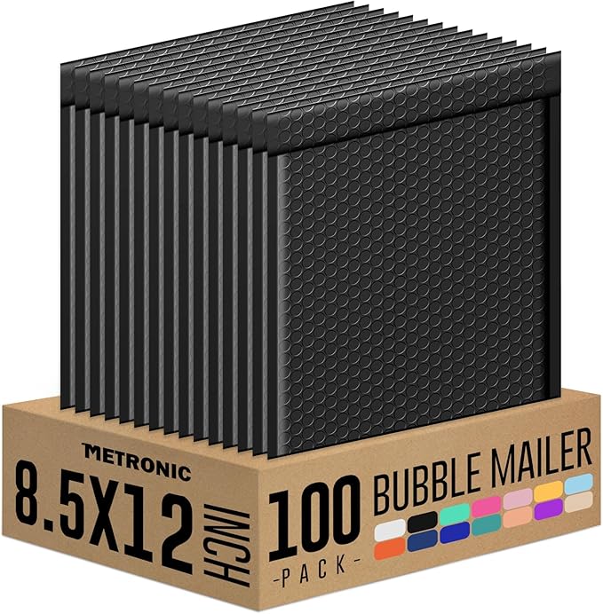 Metronic Bubble Mailer 8.5X12 Inch Black 100 Pack,Waterproof Padded Envelopes,Self-Seal Bubble Mailers Cushioning Bubble Envelopes for Shipping,Jewelry Makeup Supplies, Packaging Bulk