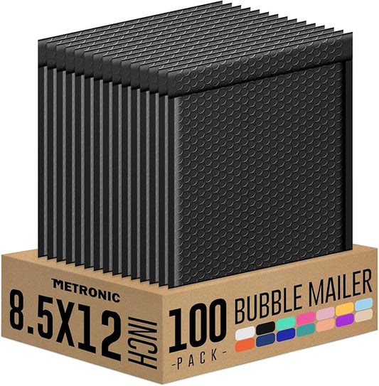 Metronic Bubble Mailer 8.5X12 Inch Black 100 Pack,Waterproof Padded Envelopes,Self-Seal Bubble Mailers Cushioning Bubble Envelopes for Shipping,Jewelry Makeup Supplies, Packaging Bulk