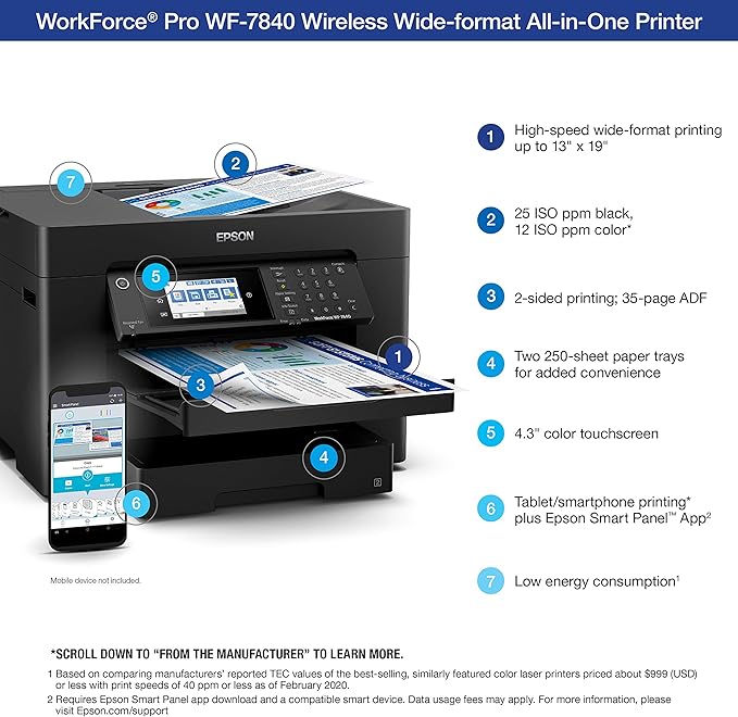 Epson Workforce Pro WF-7840 Wireless All-in-One Wide-Format Printer with Auto 2-Sided Print up to 13" x 19", Copy, Scan and Fax, 50-Page ADF, 500-sheet Paper Capacity, 4.3" Screen,Black