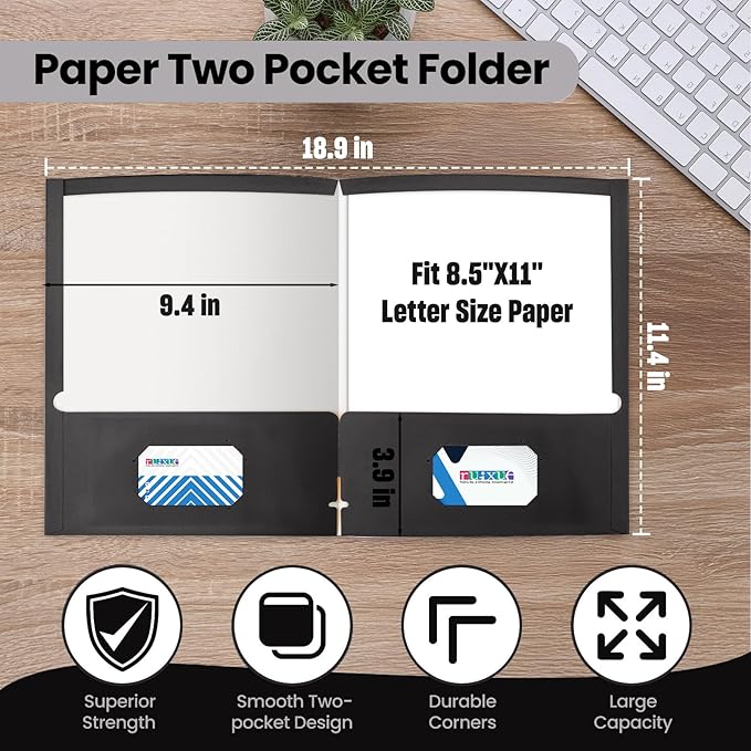 BIBRADAA® 100 Packs Black File Folders,Paper Folder Surface with Waterproofing,Letter Size,Holds 100 Plus Sheets,for School,Office,Business. (100, Black)