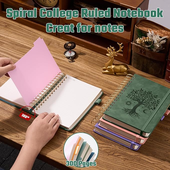 Hardcover Spiral Notebook 6.1" x 8.4" with 5 Removable Dividers 300 Pages Leather 5 Subject Notebook College Ruled 100GSM Large Spiral Notebooks for Work Thick Lined Journal for Women, Green