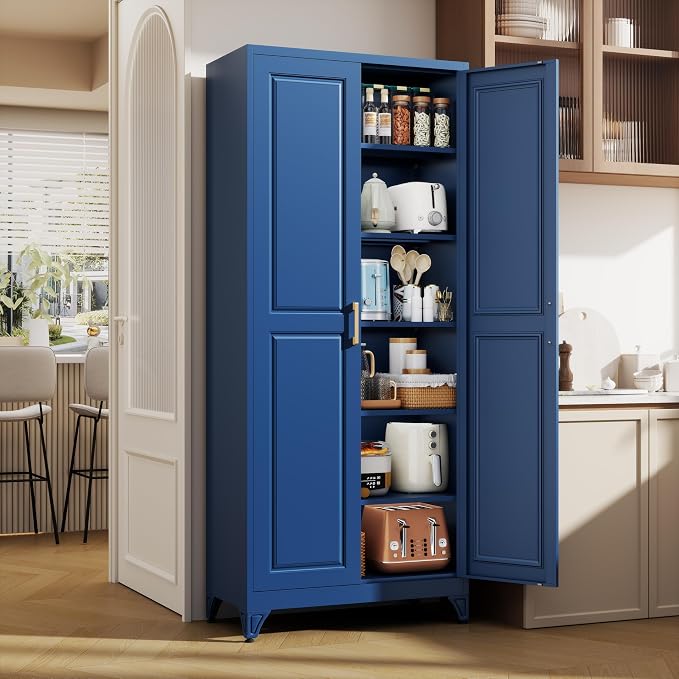 75" Kitchen Pantry Cabinet, Metal Storage Cabinets with 2 Doors | Kitchen Cabinet with 5 Adjustable Shelves, Tall Food Pantry Storage Cabinet, Cupboard for Kitchen, Dining Room, Living Room
