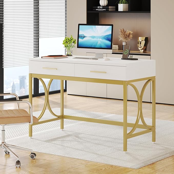 Tribesigns Modern Computer Desk with 2 Drawers Set of 2, 41 Inches Study Writing Office Desk for Home Office, Bedroom, Makeup Vanity Table Desk with Gold Metal Frame, White & Gold