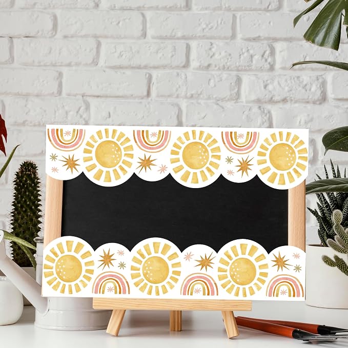 BeYumi Boho Sun Border Trim - 65ft Back to School Boho Sun Scalloped Rolled Border Trim Pastel Watercolor Bulletin Board Set Classroom Office Chalkboard Kindergarten Elementary Home Party Decoration