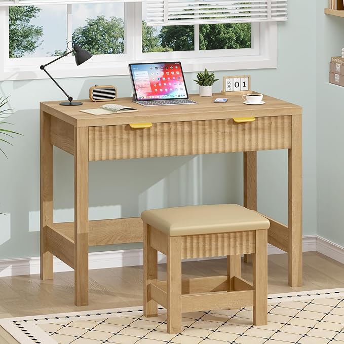 32 Inch Small Fluted Computer Desk with 2 Drawers & Stool for Bedroom | Small Wooden Computer Desk with Storage, Compact Writing Study Vanity Desk with Stool for Small Spaces, Oak