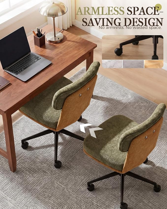 COMHOMA Home Office Desk Chairs with Ergonomic Curved Backrest, Mid Century Modern Vanity Chair with Wheel for Bedroom, Chenille Upholstered, Green