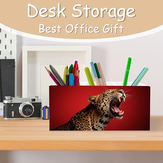 Trendy Retro Leopard Print Pen Pencil Holder Organizer for Desk, Leopard Gifts for Women, Preppy Cheetah Dark Red Wooden Box Block Sign for Home Office Tabletop Decor