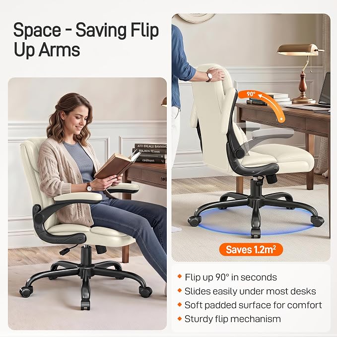 Office Chair, Executive Mid-Back Computer Desk Chair with Flip-up Armrests | 300 Lbs Ergonomic Leather Swivel PC Chair with Rock Function for Working Studying (Creamy White)