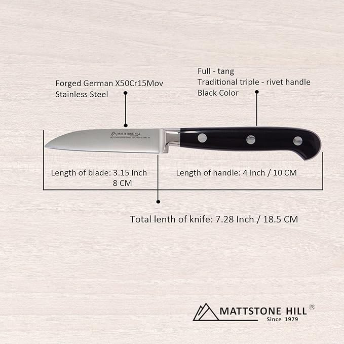 Paring Knife, MATTSTONE HILL 3.15" Small Kitchen Knife, Peeling Knife - German Steel, Triple Rivet Handle