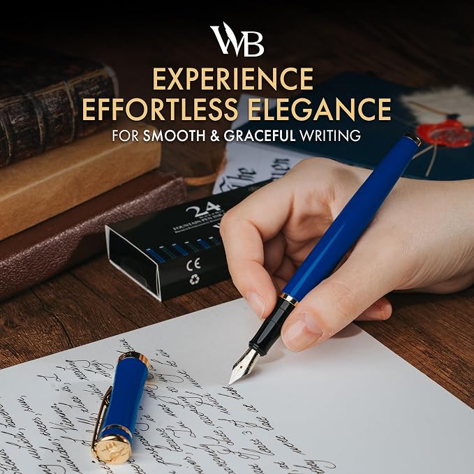 Wordsworth & Black Luxury Fountain Pen Set for Writing, Fine Nib, Blue | Gift for Men & Women, Brass Body, 18K German Iridium, Calligraphy, Converter + 24 Ink Cartridges, Refillable, Leak-Free