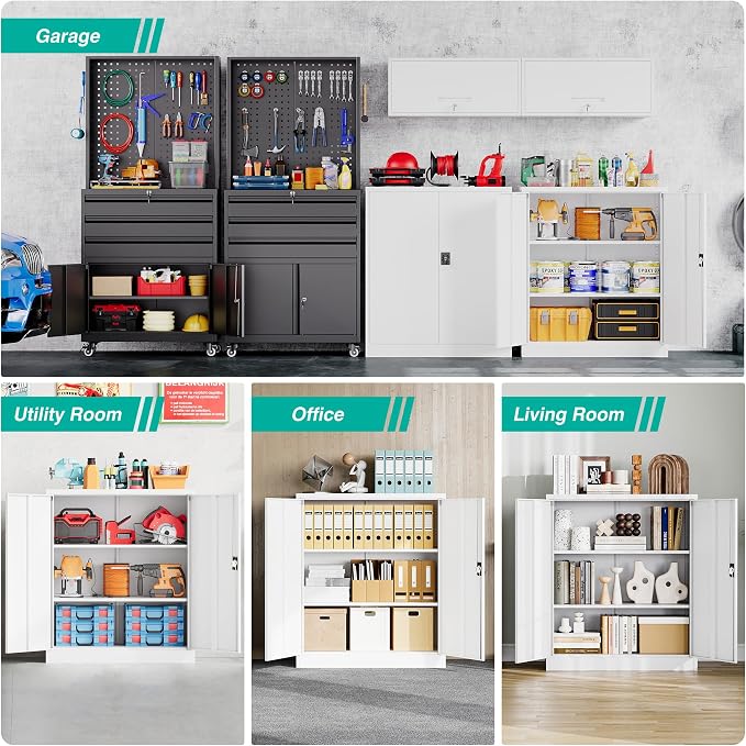 Small Metal Cabinet with Shelves,36 inch Garage Storage Cabinet with Lock,White Metal Storage Cabinets with Locking Doors,Lockable Office File Cabinets for Home,Office,Shop,Garage